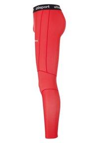 Røde sportsleggings lavet af et glat, strækbart stof, med en sort talje, der har "uhlsport" logoet og kontrasterende stikninger langs benene.