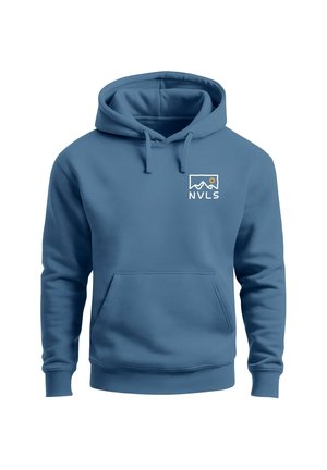 Blauer Kapuzenpullover aus Baumwollmischung mit Fronttasche, Kordelzugkapuze und einem grafischen Logo mit Bergen und NVLS-Schriftzug.