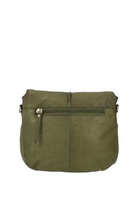 Olive green leather purse with a textured finish, top zipper closure, and an external zip pocket. Features a simple, rectangular shape.