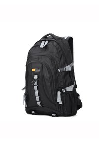 Zaino nero realizzato in un tessuto durevole, con numerose tasche con zip, spallacci grigi e fibbie laterali regolabili per una conservazione sicura.