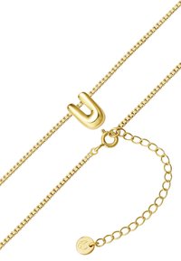 Zlatý náhrdelník s náhrdelníkom v tvare U, ktorý má jemný reťazec a kruhové západky. Obsahuje textúrované články a okrúhly logový prívesok.