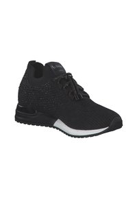 Zapatilla deportiva negra con parte superior de punto texturizada, puntera redondeada y cordones decorativos negros. Media suela blanca acolchada y suela de goma.