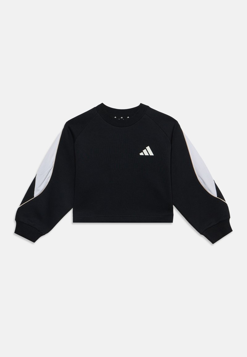 Sweat-shirt court noir à manches longues avec des panneaux en mesh blanc sur les manches et un petit logo rayé blanc en biais sur la poitrine.