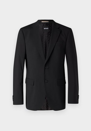 Blazer noir en tissu lisse, comportant deux poches avant, deux boutons et une doublure à motifs. Design classique et ajusté.