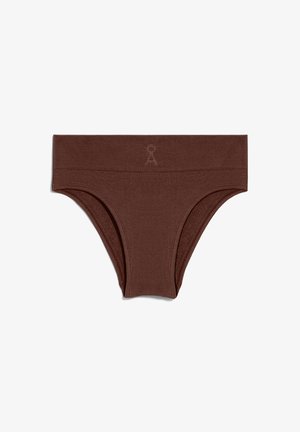 Brown cotton blend brief with a ribbed texture and a wide waistband, featuring a subtle logo embossed on the front.
