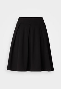 Falda negra acampanada hecha de una tela suave, con una cinturilla ajustada y pliegues levemente drapeados, que ofrecen una forma amplia y fluida.