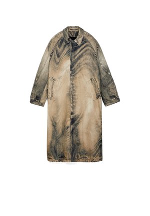 Langer, verblasster beige-schwarzer Denim-Mantel mit Kragen, langen Ärmeln, zwei vorderen Schlitztaschen und einer Frontverschlussleiste.