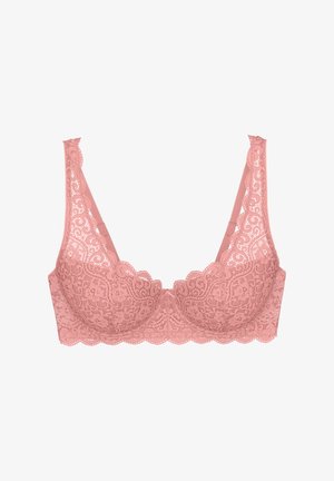 Rosa Spitzen-BH mit gezackten Kanten, filigranen Blumenmustern und glattem Stoff. Das Design umfasst breite Träger und Bügelunterstützung.