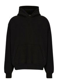 Czarna bluza z kapturem z przednią kieszenią kangurką, ściągaczami na mankietach i dolnym brzegu oraz gładką fakturą. Prosty design i luźny krój.