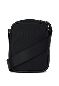 Borsa a tracolla nera realizzata in nylon tessurizzato, con forma rettangolare, chiusura a zip e tracolla in tessuto regolabile.