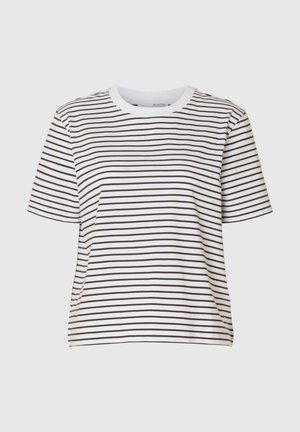 Gestreept t-shirt in wit en donkerbruin, korte mouwen, ronde halslijn, zacht katoen, heeft een rechte snit en een ontspannen pasvorm.