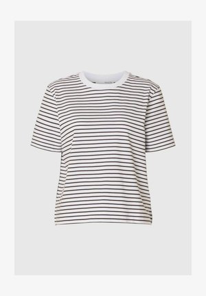 Svītraina t-krekls baltā un tumši brūnā krāsā, īsām piedurknēm, apaļā kakla izgriezumā, mīksta kokvilnas auduma, ar taisnu griezumu un brīvu piegriezumu.