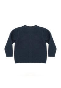Dunkelblaues Strickpullover mit langen Ärmeln, gerippten Bündchen und Saum, versehen mit einem schlichten runden Ausschnitt und einem strukturierten Stoffmuster.