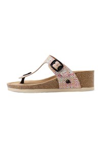 Sandalo infradito in tessuto intrecciato con una combinazione di colori rosa e lavanda, una fibbia nera regolabile e una suola in sughero imbottita a cuneo.