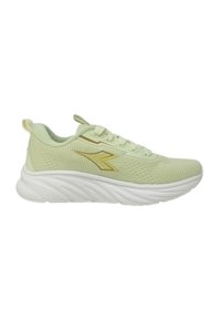 Scarpe da atletica verde chiaro con parte superiore in rete, suola bianca e dettagli dorati. Presentano punta arrotondata e un motivo a onda testurizzato sulla suola.