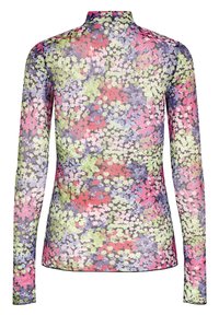 Långärmad, genomskinlig topp med ett färgglatt blommönster i rosa, lila, grönt och svart mot en ljus bakgrund. Hög halsdesign.