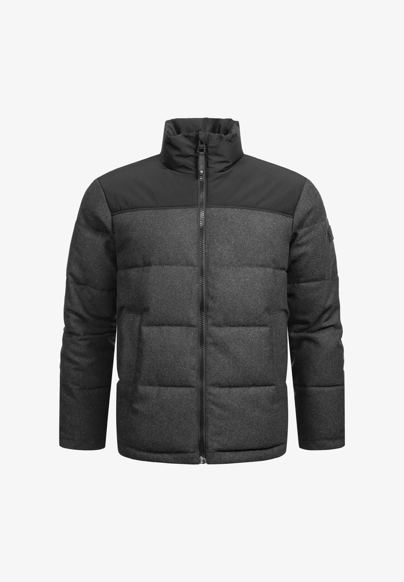 Padded jacket in dark grey with black shoulders, a high collar, and a front zipper. Features quilted texture and two side pockets.