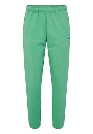 Grüne Jogginghosen aus weichem Stoff, mit elastischem Bund und schmal zulaufenden Beinen. Kleines blaues Logo auf der Seite aufgedruckt.