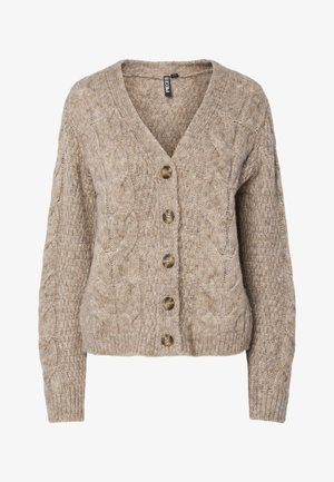 Béžový svetr s copánkovým vzorem, výstřihem do V, zapínáním na knoflíky a žebrovanými manžetami. Obsahuje šest hnědých knoflíků a texturovanou látku.