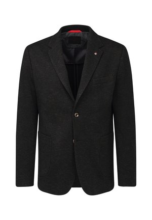 Schwarze strukturierte Blazerjacke mit einer Zwei-Knopf-Verschluss, schlanker Schnitt, aufgesetzten Taschen und einem roten Akzent am Kragen. Das Material scheint gewebt zu sein.