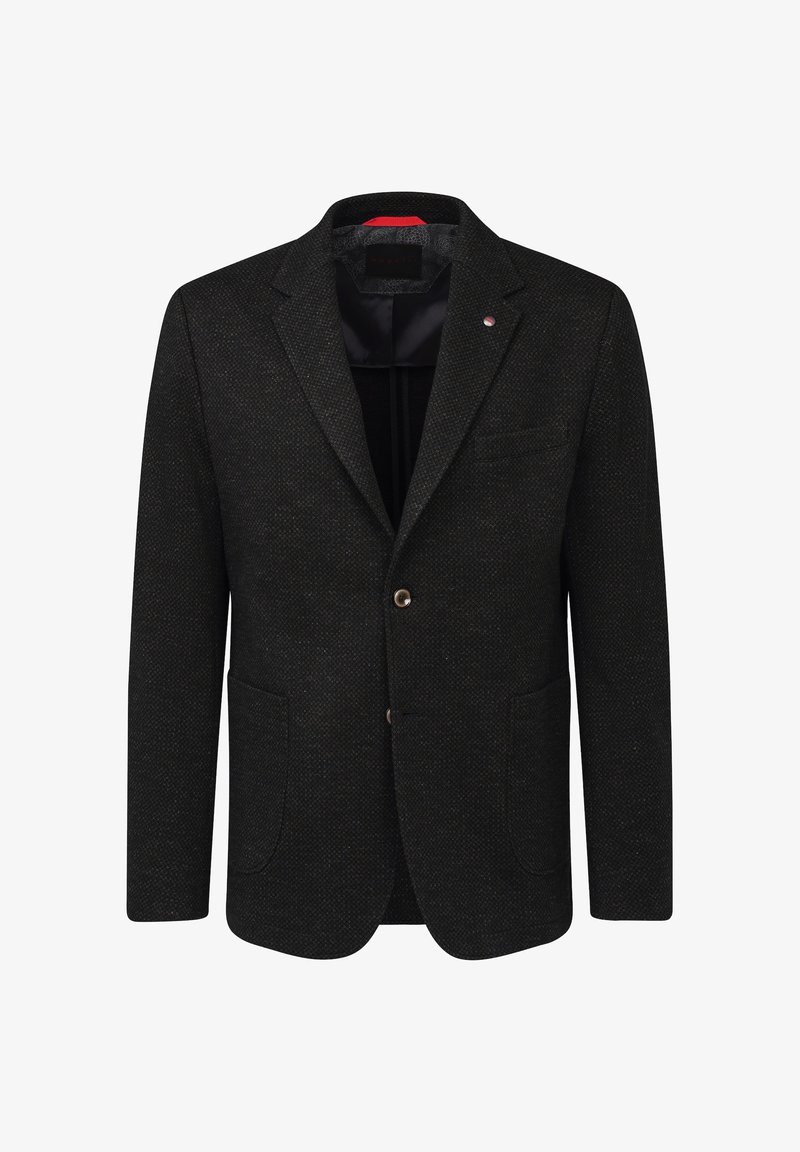 Schwarze strukturierte Blazerjacke mit einer Zwei-Knopf-Verschluss, schlanker Schnitt, aufgesetzten Taschen und einem roten Akzent am Kragen. Das Material scheint gewebt zu sein.