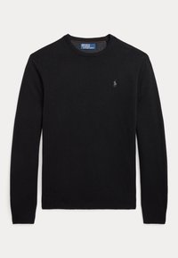 Pull en maille noire avec un col rond et des manches longues. Présente un petit logo brodé sur la poitrine gauche. Texture douce et coupe ajustée.
