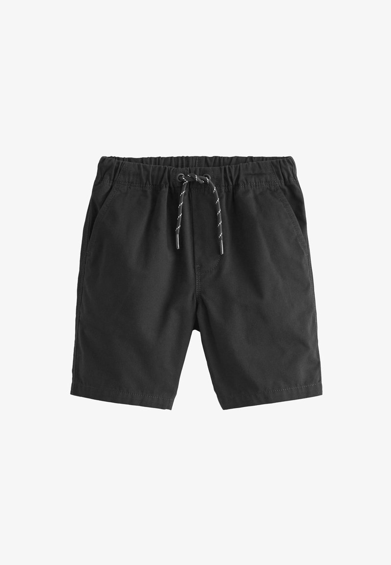 Schwarze Shorts mit elastischem Bund, Kordelzugverschluss und Seitentaschen. Hergestellt aus einem glatten Stoff ohne sichtbare Muster.