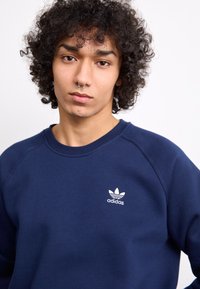 Marineblå sweatshirt lavet af bomuldsblanding, med rund hals og hvidt Adidas-logo på brystet. Blød tekstur med raglanærmer.