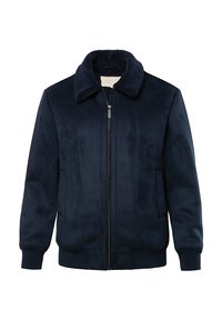 Dunkelblaue Zip-Jacke aus weichem Material mit einem strukturierten Fleece-Kragen, verfügt über Seitentaschen und gerippte Bündchen an den Ärmeln und am Saum.