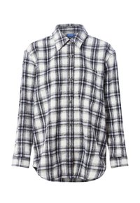 Checked flannel shirt in white, black, and grey; features a collar, button front, long sleeves, and a chest pocket. Soft texture.