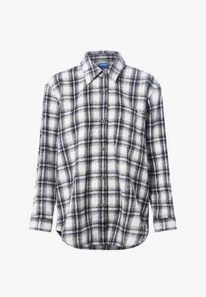 Koszula w kratę w kolorach białym, czarnym i szarym; ma kołnierzyk, zapięcie na guziki, długie rękawy i kieszeń na piersi. Miękka w dotyku.