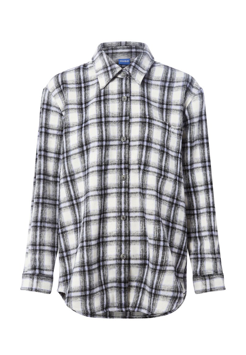 Checked flannel shirt in white, black, and grey; features a collar, button front, long sleeves, and a chest pocket. Soft texture.