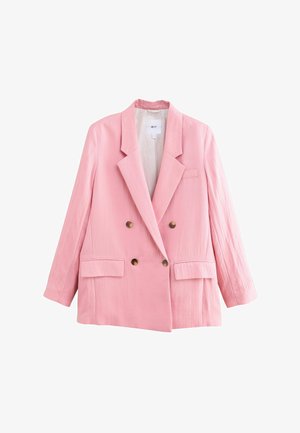 Blazer rosa de doble botonadura con cuello con muesca, dos bolsillos frontales y botones dorados. Fabricado en un tejido ligero con un acabado texturizado.