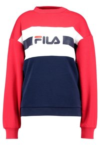 Sudadera de tirantes en rojo, blanco y azul marino, con cuello redondo, mangas largas y un destacado logo negro de FILA en el frente.