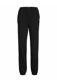 Black sweatpants made of soft material, featuring an elastic waistband, cuffed ankles, and a relaxed fit. No visible logos or patterns.