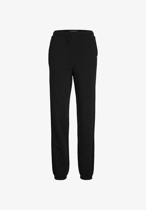 Pantalons de survêtement noirs en matériau doux, dotés d'une taille élastique, de chevilles resserrées et d'une coupe décontractée. Pas de logos ou de motifs visibles.