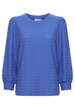 Blå tekstureret langærmet top med rund hals, der har et diskret horisontalt stribet mønster og samlede manchetter. Blødt stof.