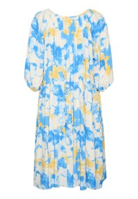 Modrá, žltá a biela tie-dye šaty s krátkymi objemnými rukávmi, okrúhlym výstrihom a vrstveným dizajnom. Vyrobené z ľahkého materiálu.