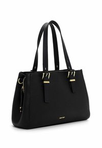Sac fourre-tout en cuir noir avec double poignée, présentant des garnitures en métal doré et une finition texturée. Comprend des sangles décoratives sur les côtés.