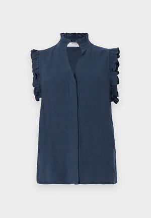 Samtblaues ärmelloses Oberteil mit hohem Rüschkragen und Rüschendetails an den Schultern, aus leichtem Stoff gefertigt.