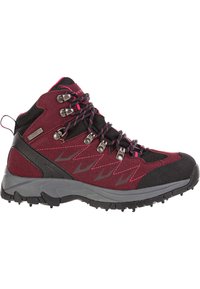Burgundy and black hiking boots with a waterproof textile upper, metal eyelets, textured gray sole, and pink accents on laces and sides.