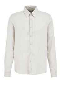 Witte blouse met lange mouwen en knopen, met dunne verticale grijze strepen en een spitse kraag.