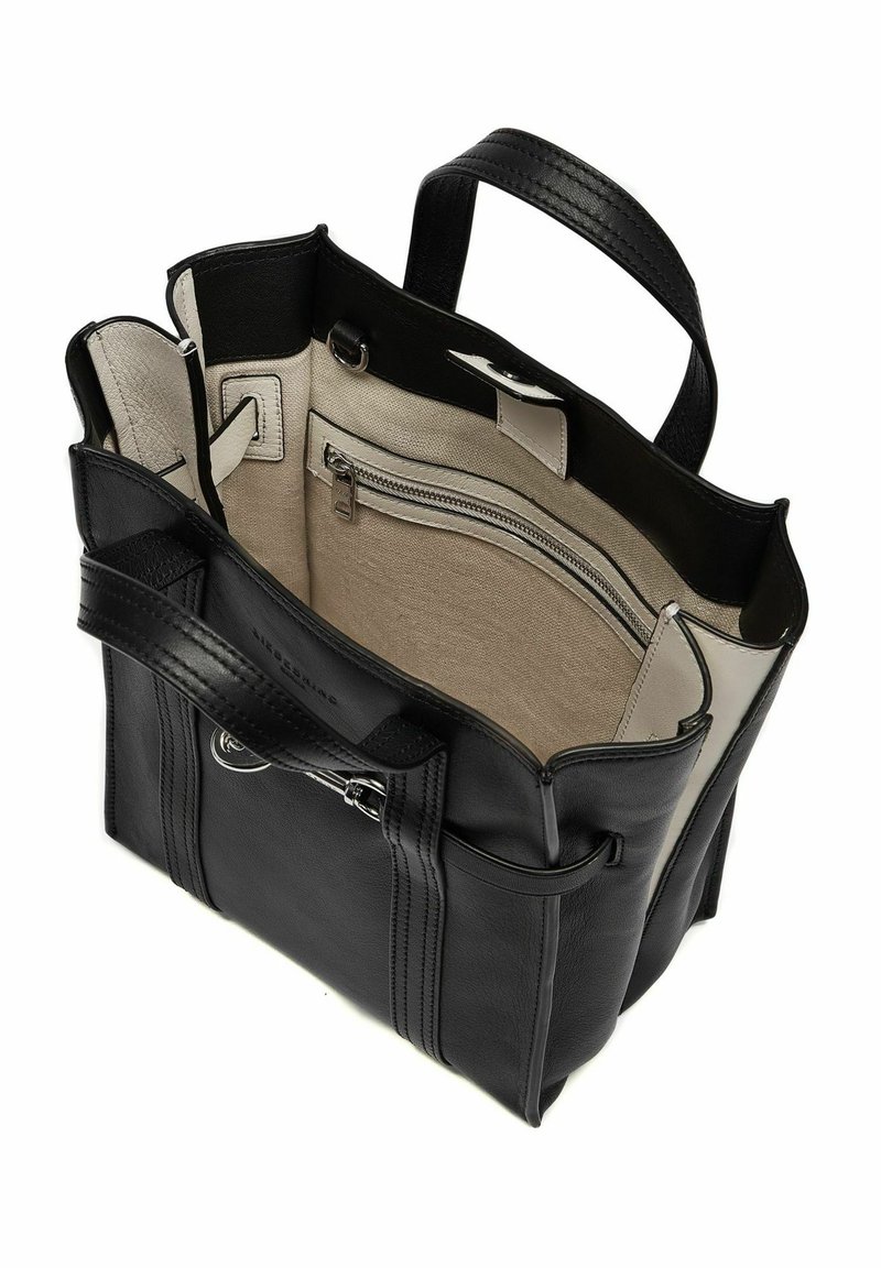 Schwarze Leder-Umhängetasche mit doppelten Griffen, beigem Innenfutter und einer Außentasche mit Reißverschluss. Verfügt über vertikale Nähte und eine glatte Textur.