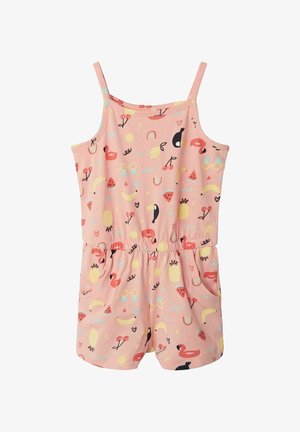 Combinaison courte rose sans manches avec une taille élastique, présentant des imprimés colorés de flamants roses, ananas, bananes, cerises, pastèques et lunettes de soleil.