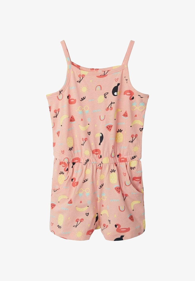 Combinaison courte rose sans manches avec une taille élastique, présentant des imprimés colorés de flamants roses, ananas, bananes, cerises, pastèques et lunettes de soleil.