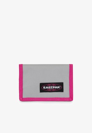 Rektangulært gråt pung med lys pink kant og en sort Eastpak USA logo mærkat centreret på forsiden.