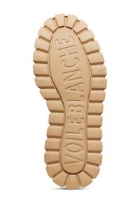 Suela de zapato de goma en color beige con una superficie texturizada; presenta surcos pronunciados y el texto en relieve 'VOILEBLANCHE' para mayor tracción.