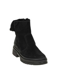 Schwarze Knöchelstiefel aus Wildleder mit einer strukturierten Blende, ausgestattet mit einem Fellkragen und einer dicken Gummisohle für besseren Halt.