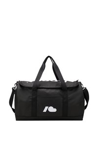 Sac de voyage noir en matériau durable, avec des poignées doubles, une sangle réglable et un logo blanc sur le côté. Texture lisse.