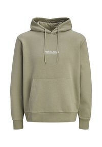 Olijfgroene hoodie, gemaakt van zachte stof. Voorzien van een voorzak en witte logotext, met ribbels aan de mouwen en de zoom.